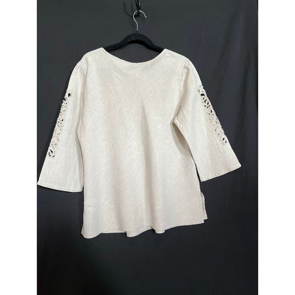 Edward Irish Linen Tunic, Large, 3/4 sleeve, cutout sleeve detail, cream color - Picture 7 of 10